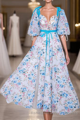 Blue and White Floral Bow Tie Straps A-line Long Semi Formal Prom Dress with Slit